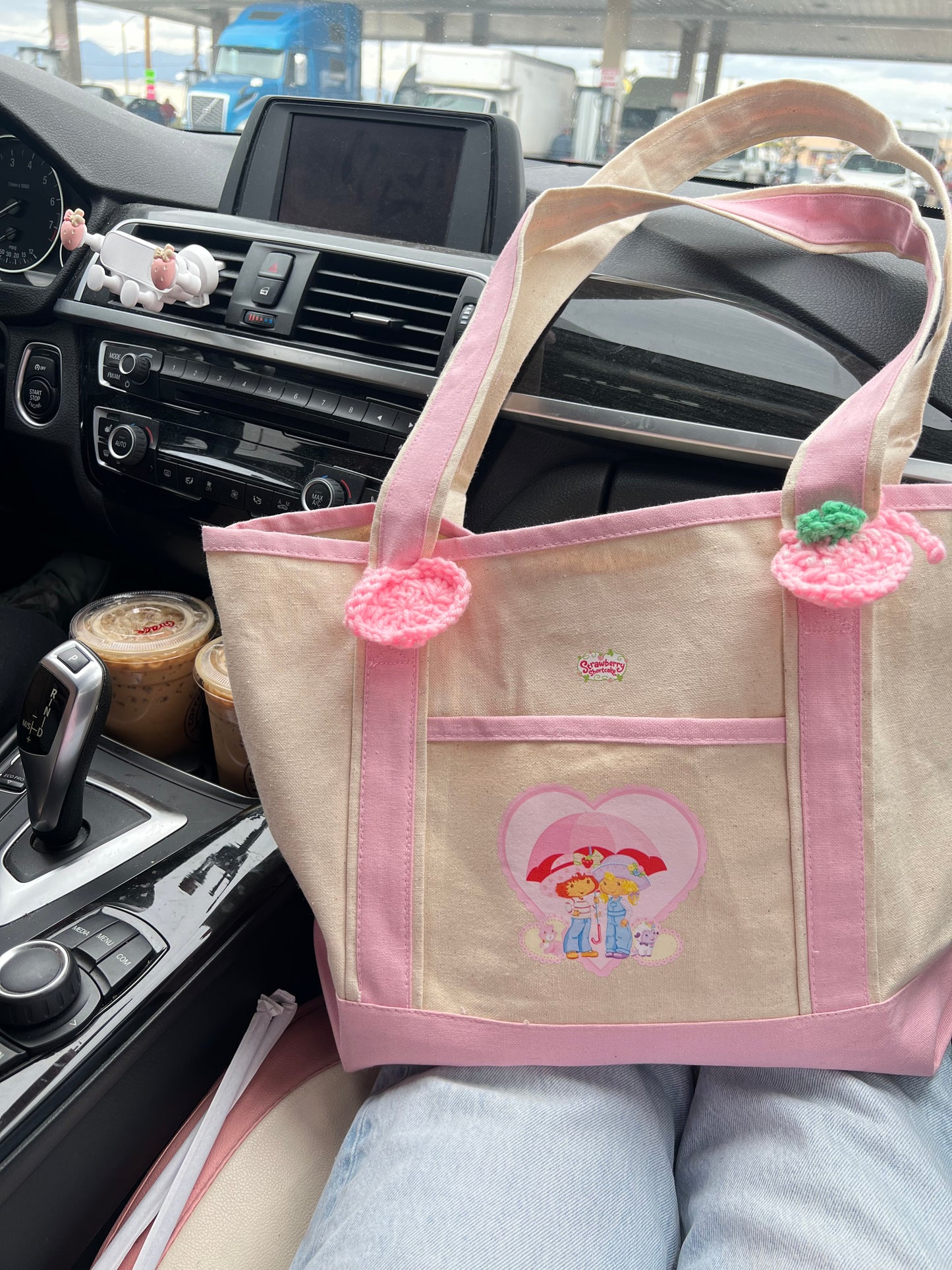 pink outlined strawberry + lemon tote