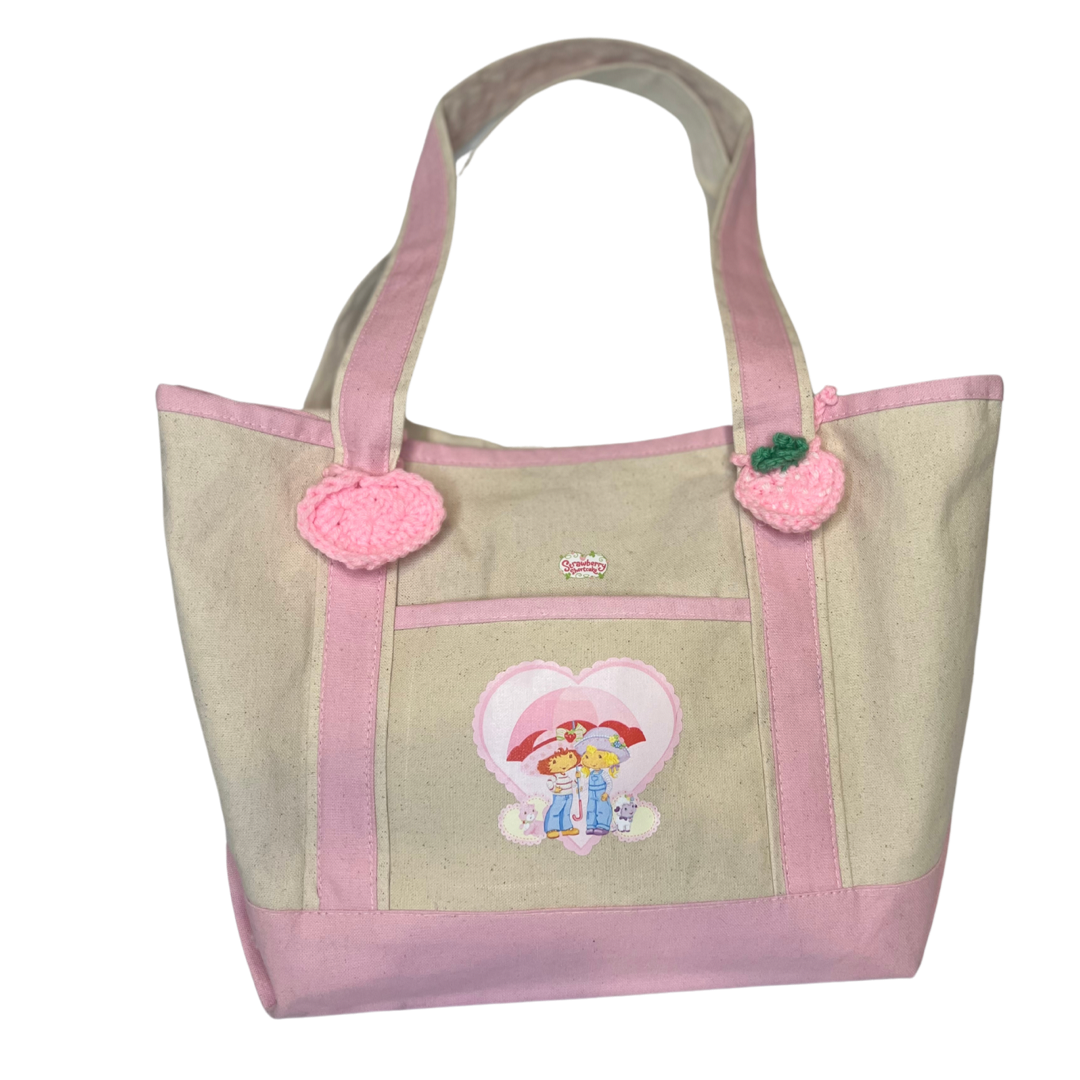 pink outlined strawberry + lemon tote